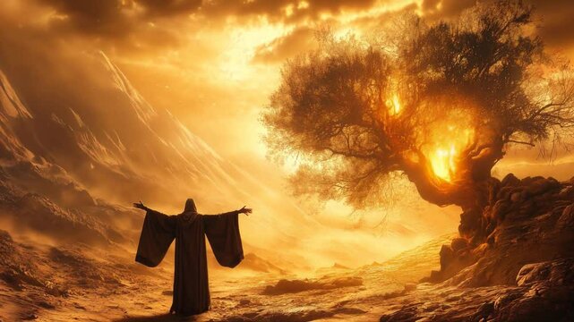 dramatic biblical scene depicting moses facing a luminous burning bush ethereal golden light illuminates the desert landscape creating an aweinspiring atmosphere