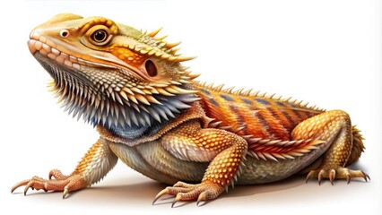 Obraz premium Bearded dragon lizard prominently displayed on a white background, showcasing its unique characteristicsâ€”a perfect capture for reptile lovers and exotic pet photography enthusiasts.