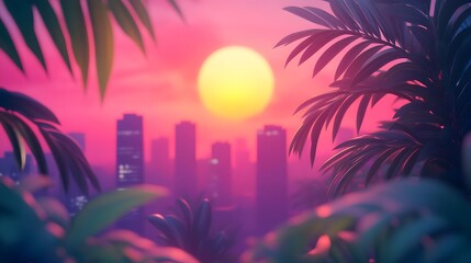 A stunning tropical sunset with a large sun setting behind a city skyline, reflected over calm water with palm trees in the foreground..