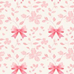 A delicate pink floral pattern featuring bows and leaves on a light background, perfect for feminine designs and soft aesthetics.