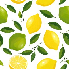 A vibrant pattern featuring lemons and limes surrounded by green leaves on a bright background, showcasing a fresh, fruity aesthetic.