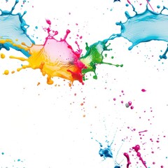 Fototapeta premium Vivid splashes of colorful paint burst against a white background, creating an energetic and artistic visual effect.