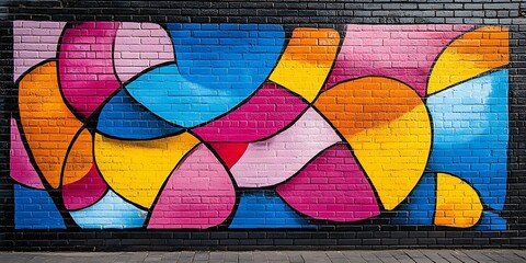 Fototapeta premium Colorful abstract mural with curved shapes and vibrant hues.