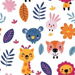 A colorful, playful pattern featuring cute animal characters and leaves, perfect for children's decor or playful designs.