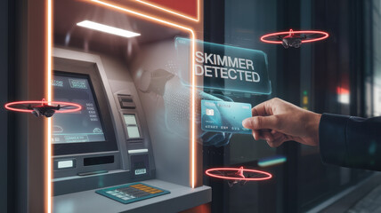 futuristic ATM machine with glowing holographic displays and security drones