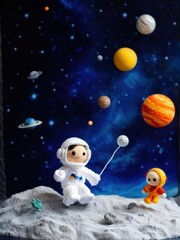 Naklejka premium A whimsical scene featuring plush astronauts on a lunar surface with planets in the background.