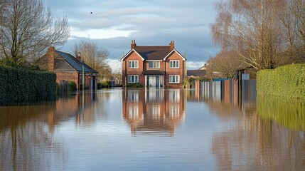 A residential area submerged in floodwater, with empty roads and space for copy in the background.