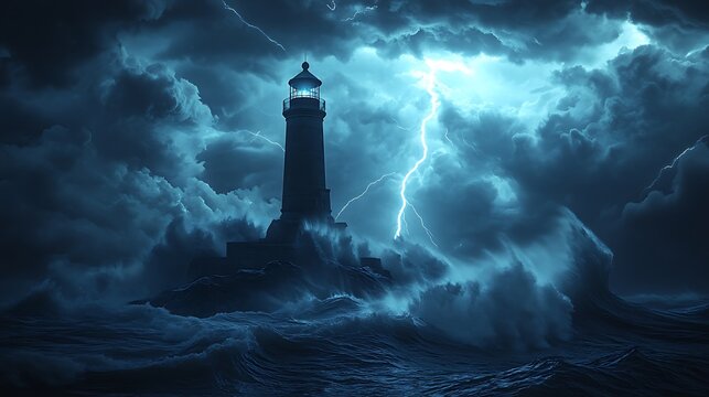 A vivid image of a storm surge hitting a lighthouse, with waves crashing against its sides and dark clouds swirling above. The wet rocks glisten under the lightning strikes,