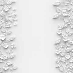A delicate white floral design with embossed flowers and leaves framing a blank center, perfect for elegant invitations or decorative backgrounds.