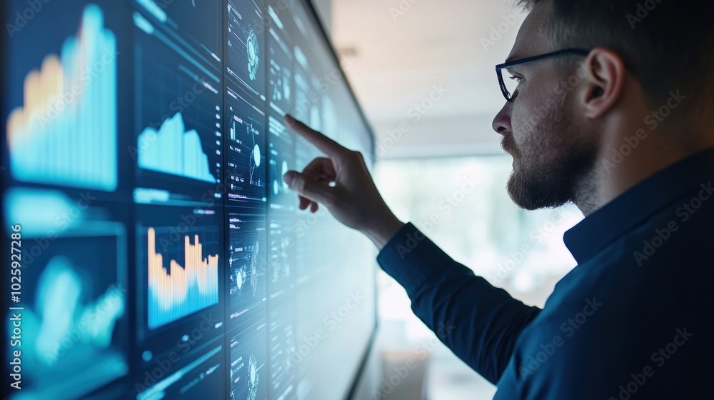 Poster a man analyzing data on a large screen in a modern office setting.