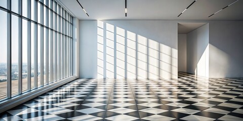 Sunlight streams through a large window onto a black and white checkered floor, casting long shadows on the white walls of a spacious room.