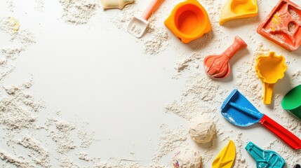 A set of beach toys, including molds and shovels, placed neatly on a white background, with space for copy.