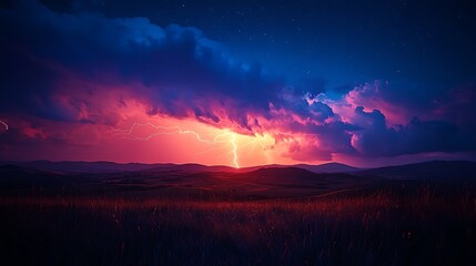 Fototapeta premium A vivid nighttime scene of cloud-to-ground lightning striking a hilltop, with the bolt’s light spreading across the landscape and illuminating the surrounding clouds.