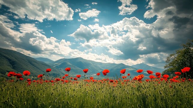 A sunny poppy field in Italy with vibrant red flowers, with ample space for copy in the sky.