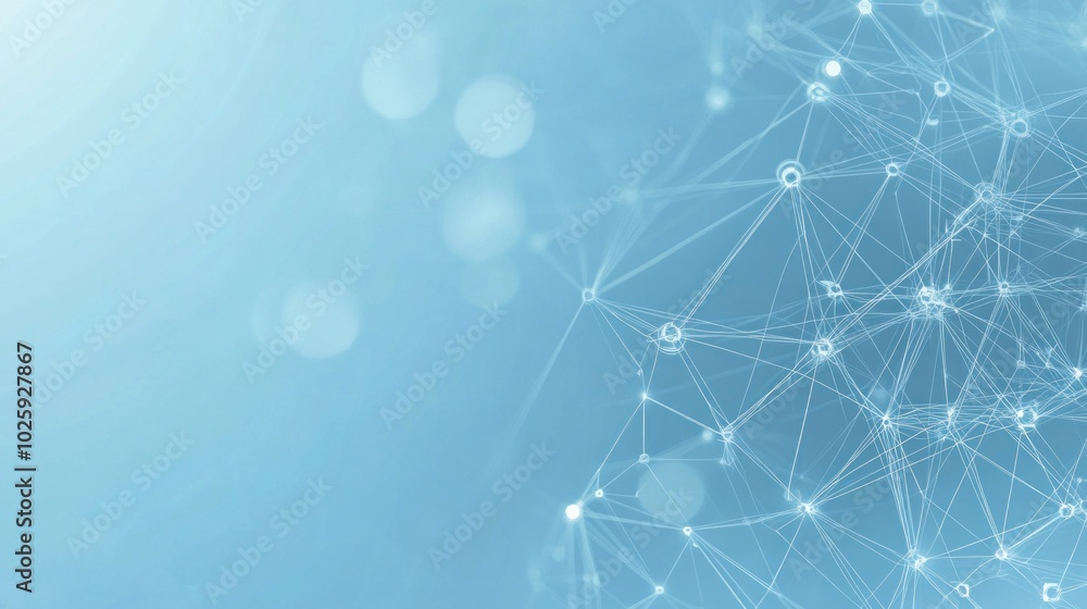 Poster abstract digital network illustration with interconnected lines and nodes on a soft blue background.
