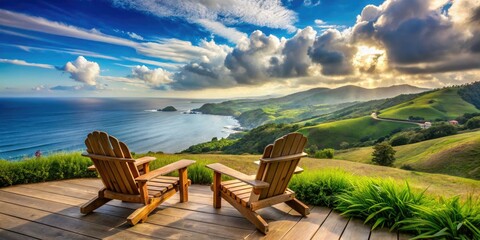 Fototapeta premium Charming wooden Adirondack chairs provide a perfect spot to relax, overlooking stunning countryside views and the vast Pacific Ocean, creating an ideal serene retreat.