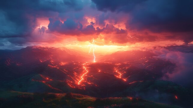A vivid scene of a powerful lightning bolt striking the ground over a hilly terrain, with the glowing clouds casting shadows and light on the rolling hills. The landscape is illuminated brightly,