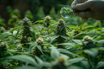 Scientist examines cannabis buds with magnifying glass in high quality medicinal indoor farm