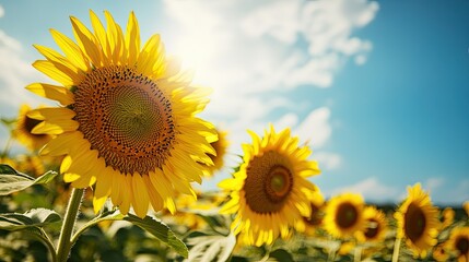 Obraz premium Beautiful sunflower fields in Spain under a bright blue sky, room for copy above.