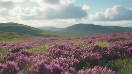 Fototapeta premium Blooming heather fields in Scotland, with rolling hills and copy space in the sky above.