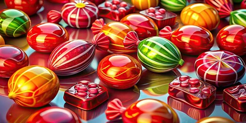 Colorful hard candy sweets in bold red hues showcase a delightful assortment of fruity flavors, perfect for stock photography, appealing to candy lovers everywhere.