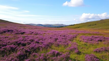 Fototapeta premium Blooming heather fields in Scotland, with rolling hills and copy space in the sky above.