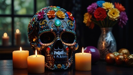 Fototapeta premium Jeweled skull on black glass with vibrant Dia de los Muertos decorations