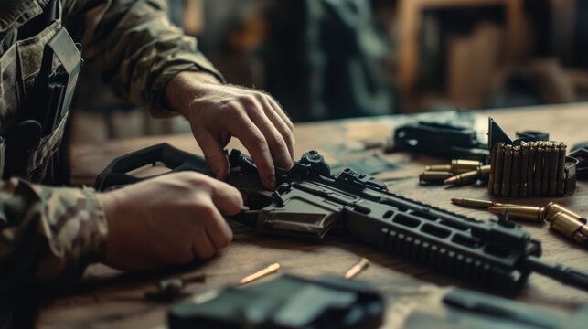 A soldier assembles a firearm on a workbench surrounded by ammunition and tools.