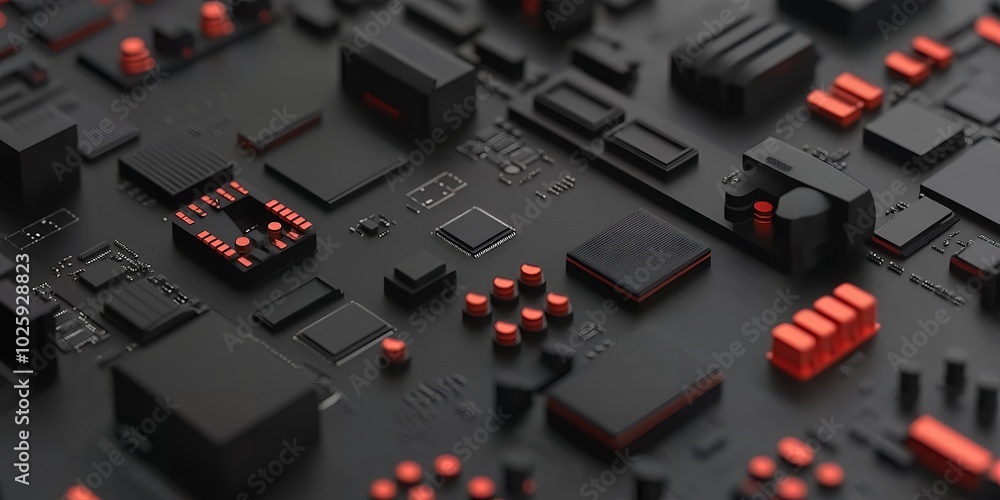 Poster abstract close-up of a circuit board with red and black components.