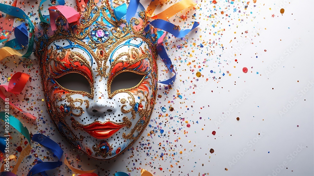 Aufkleber festive carnival mask with intricate multicolored patterns surrounded by a flurry of colorful stream