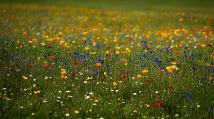 Fototapeta premium Colorful meadow of wildflowers in the Austrian countryside, with room for copy in the sky.