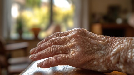Fototapeta premium A close-up of an elderly hand resting on a surface, showcasing age and texture.