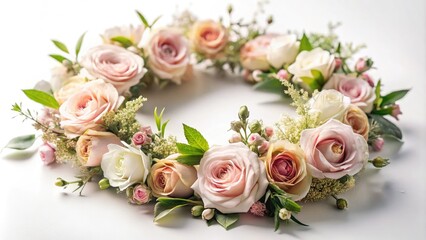 Obraz premium Delicate blush rose wreath, ideal watercolor floral design for enhancing weddings, beautifully crafted invitations, and charming greeting cards, capturing elegance and romance in every detail.