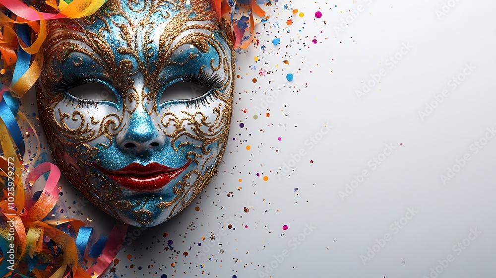 Aufkleber festive carnival mask with intricate multicolored patterns surrounded by a flurry of colorful stream