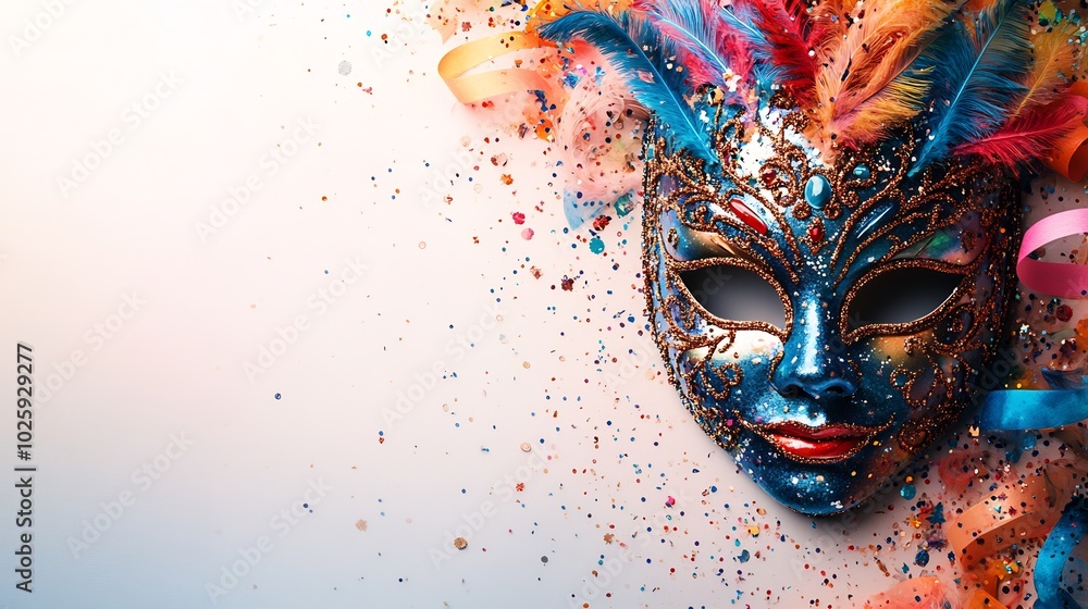 Aufkleber festive carnival mask with intricate multicolored patterns surrounded by a flurry of colorful stream