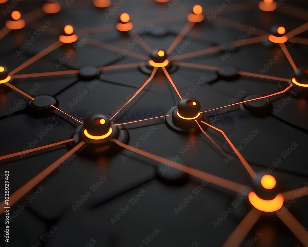 Poster abstract network design with glowing nodes and connections, symbolizing technology, data flow, and c