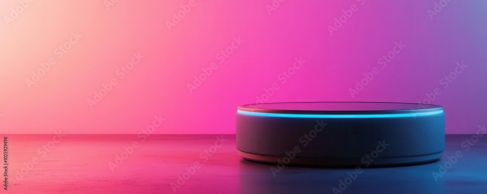 Poster product on a rotating platform with glowing arrows and icons highlighting key features, engaging pre