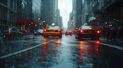 Obraz premium An intense urban storm with heavy rainfall pouring down a city street, raindrops splashing on car roofs, and people rushing for cover in doorways.