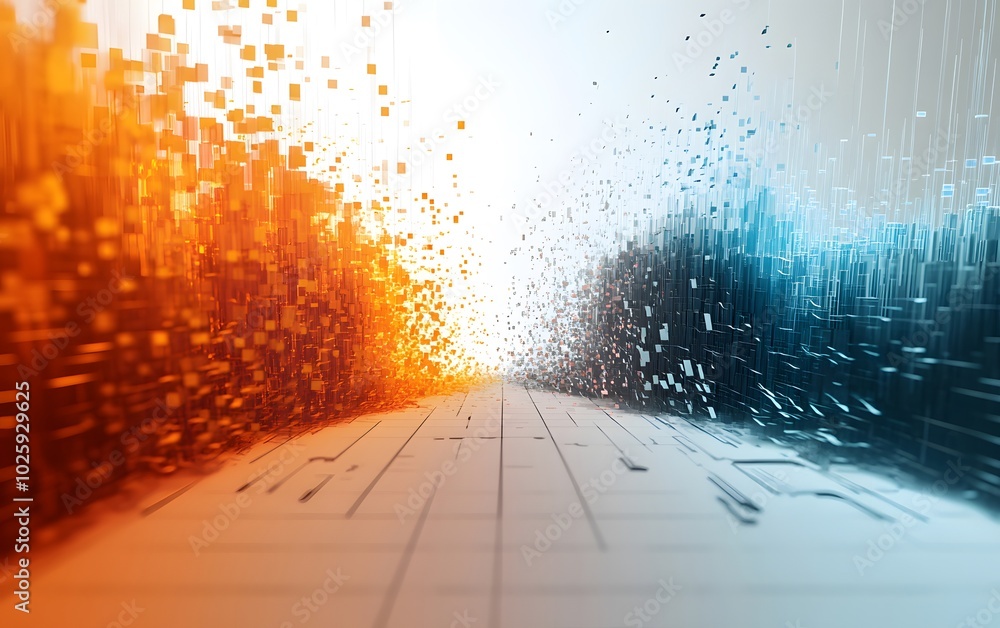 Poster abstract visualization of data flow, blending warm and cool colors, representing technology and digi