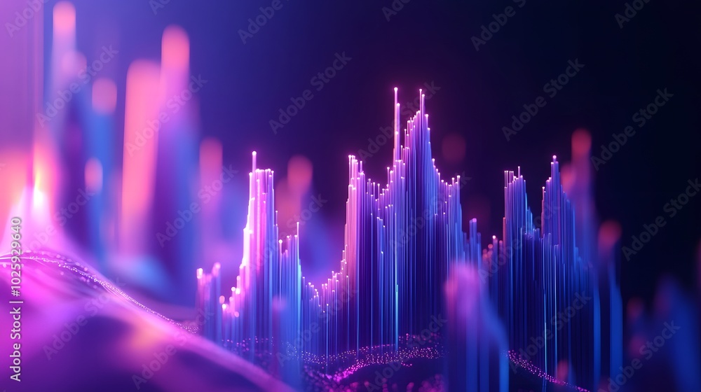 Poster abstract visualization of sound waves, featuring vibrant colors and dynamic peaks, representing ener