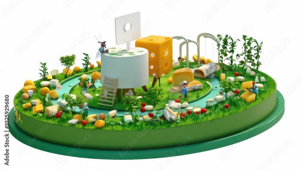 Poster a whimsical scene featuring cheese-themed elements and playful characters in a lush setting.