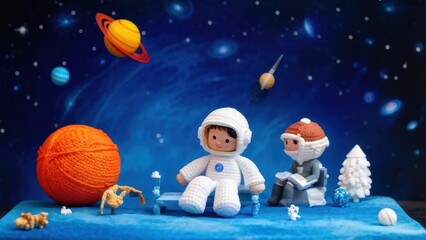 Naklejka premium A whimsical scene featuring astronaut toys in a colorful cosmic setting.