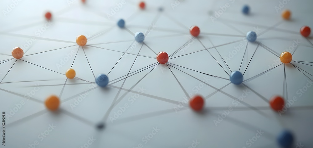 Poster an abstract representation of a network with colorful nodes connected by lines on a blurred backgrou