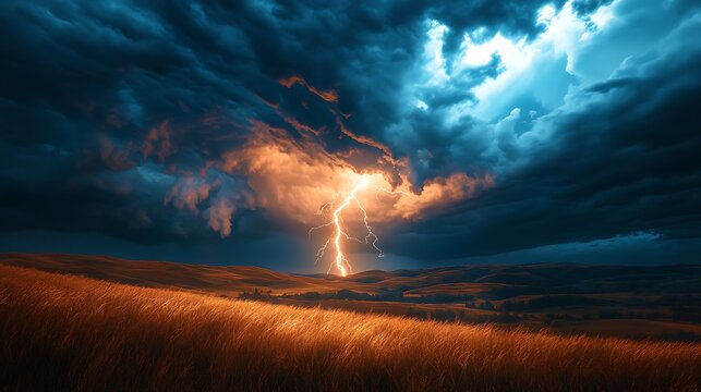 A breathtaking image of a cloud-to-ground lightning strike hitting a hilltop, the bolt lighting up the dark clouds and casting strong shadows across the hilly terrain.