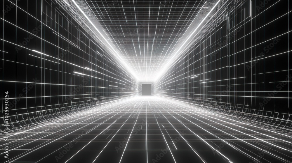 Poster futuristic perspective grid box. abstract wireframe with white grid line