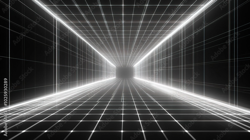 Poster futuristic perspective grid box. abstract wireframe with white grid line