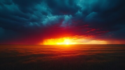 Obraz premium A breathtaking sunset storm, with dark thunderclouds approaching from the horizon, contrasting with the vibrant colors of the sky. The sun’s last rays pierce through the clouds,
