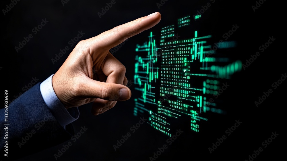 Poster digital innovation: a hand elegantly points towards a futuristic, holographic display of intricate c
