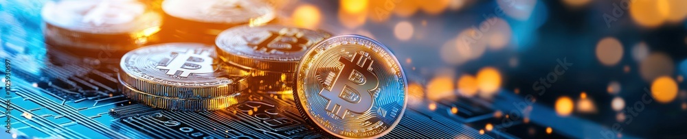 Poster a close-up of shining bitcoin coins resting on a circuit board, illuminated by a warm glowing backgr