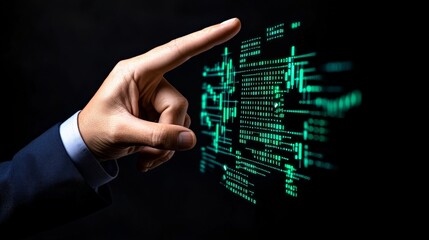 Digital Innovation: A hand elegantly points towards a futuristic, holographic display of intricate code, symbolizing technological advancement and digital transformation.  
